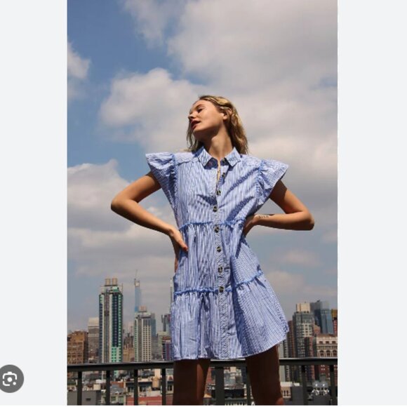 Free People Blue White Striped Starfish Button Front Mini Ruffle Dress Sz Large - Picture 1 of 6